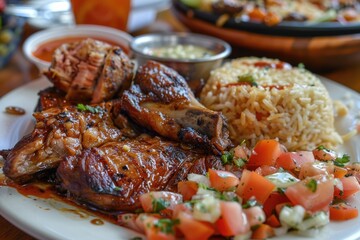 latin food food table pork chicken latino restaurant dominican food