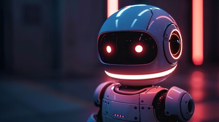 Fototapeta premium Robot With Red Lights in Dark Room