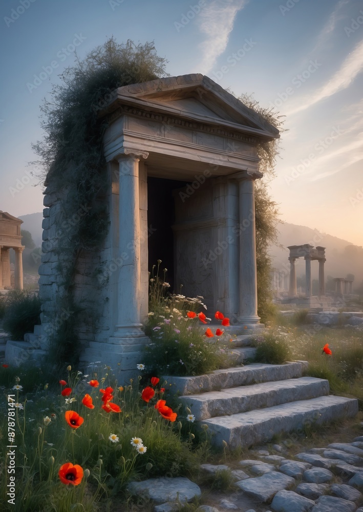 Canvas Prints Old stone gateway with stairs, green foliage, red poppies in Ephesus ruins