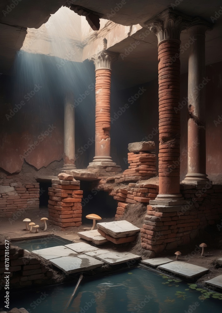 Wall mural Sunlight illuminates a partially ruined Roman bath with a pool of water