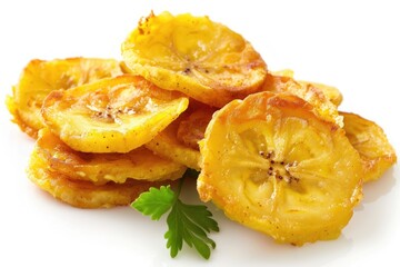 tostones  patacones  fried green plantain banana chips on white background