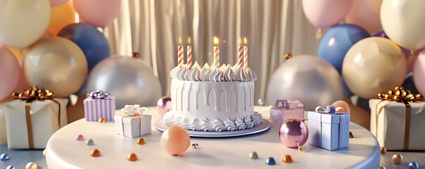 Realistic 3D scene of a birthday party with a circular table arrangement of balloons, cake, and gifts.