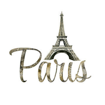 Watercolor hand drawn lettering illustration isolated background. Handwritten message. Paris France Eiffel Tower. For print on t-shirts, bags, cards, banner, poster. Travel Tour Eiffel Lifestyle