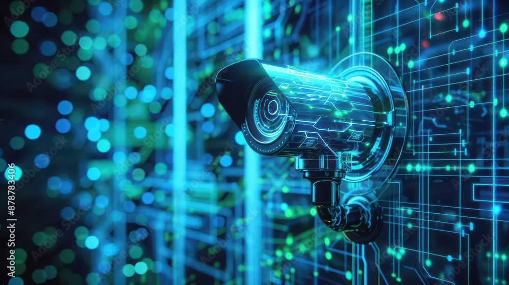 Poster futuristic surveillance camera with glowing circuit patterns sleek design blends organic and technol