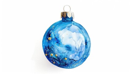 Watercolor hand painted blue Christmas ball decoration for the holiday season
