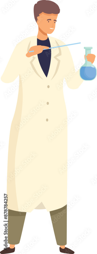 Poster scientist wearing a lab coat is conducting an experiment, carefully observing a flask filled with bl