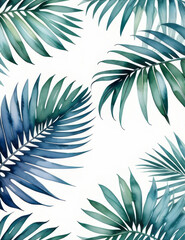 Green tropical palm leaves on white background. Watercolor illustration of plants. Green jungle leaf painting for banner, poster, greeting card. Minimal floral backdrop