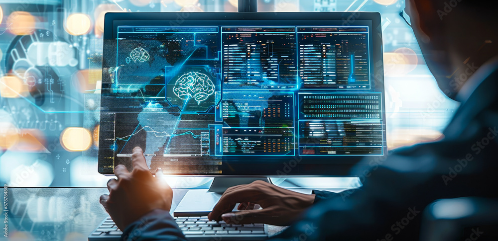 Poster business professional using ai data analytics and machine learning for coding, virtual reality scree