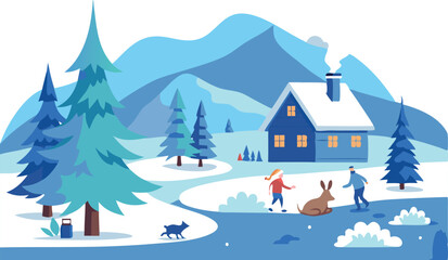 Winter cabin scene with family playing in the snow near a cozy house