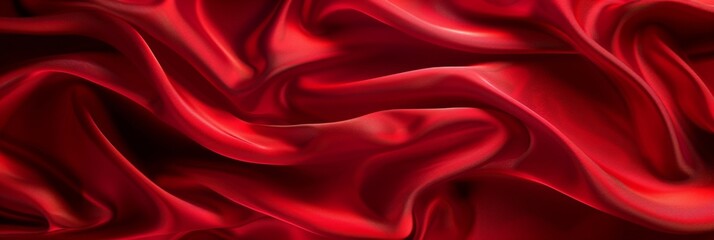 Fototapeta premium Red drapery silk fabric background. Wavy satin cloth texture pattern. Smooth shiny drape material