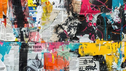 Fototapeta premium grungy urban collage of torn newspaper clippings and vibrant graffiti layered textures street art aesthetic bold colors