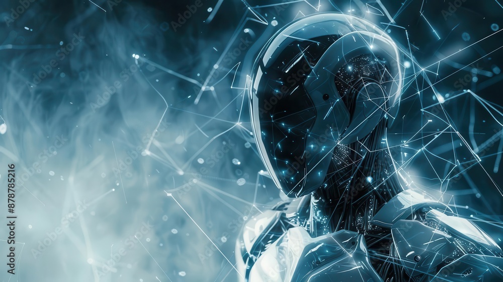 Aufkleber futuristic humanoid robot with sleek metallic features and glowing energy lines ethereal digital bac