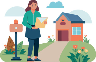 Woman receiving letter from mailbox outside of home, modern illustration