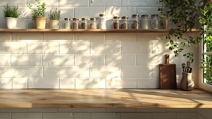 Obraz premium Kitchen brass utensils, chef accessories. Hanging kitchen with white tiles wall and wood tabletop.Green plant on kitchen background generated ai 