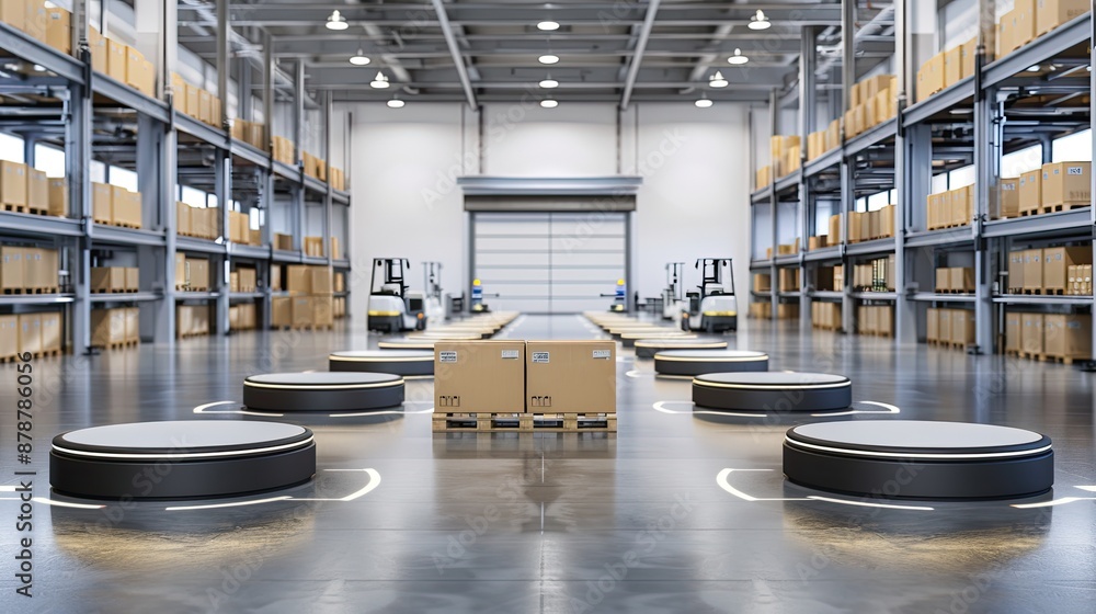 Aufkleber two yellow forklifts are loading boxes in a modern warehouse. one forklift is loading boxes onto a p