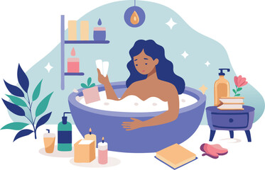 Obraz premium Woman relaxing in bubble bath with candles, plants, and personal care items