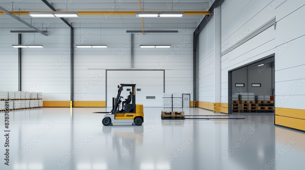 Aufkleber two yellow forklifts are loading boxes in a modern warehouse. one forklift is loading boxes onto a p