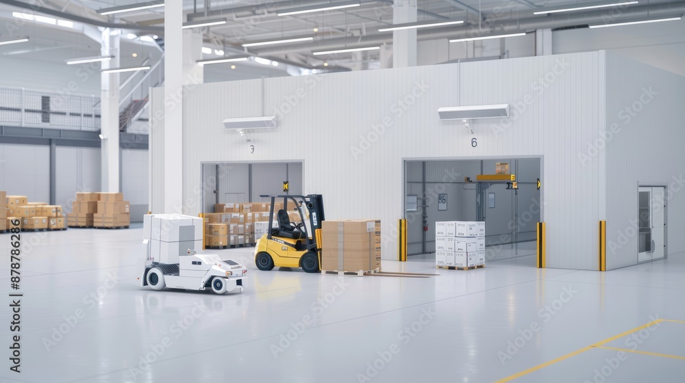 Aufkleber two yellow forklifts are loading boxes in a modern warehouse. one forklift is loading boxes onto a p