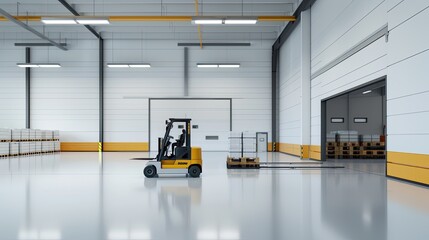 Two yellow forklifts are loading boxes in a modern warehouse. One forklift is loading boxes onto a pallet while the other one is ready to transport a pallet of boxes