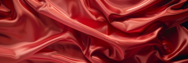 Obraz premium Red drapery silk fabric background. Wavy satin cloth texture pattern. Smooth shiny drape material