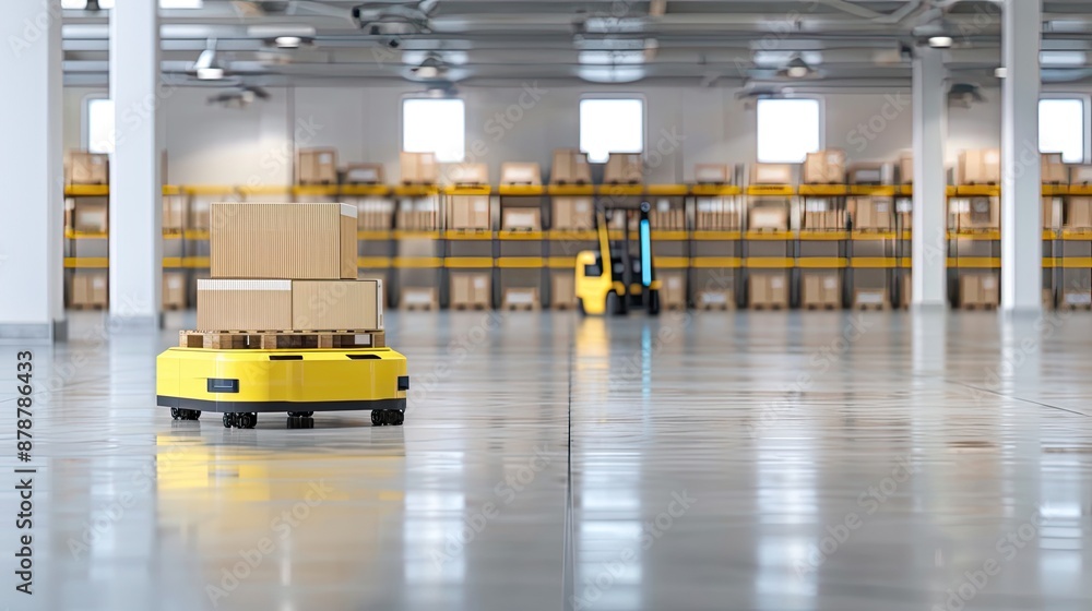 Aufkleber two yellow forklifts are loading boxes in a modern warehouse. one forklift is loading boxes onto a p