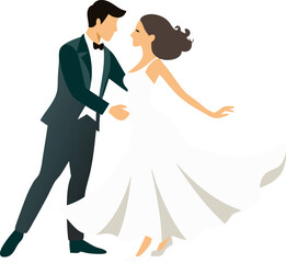 Illustration of a bride and groom dancing at their wedding in elegant attire