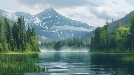 Tranquil mountain lake with fog and evergreen trees