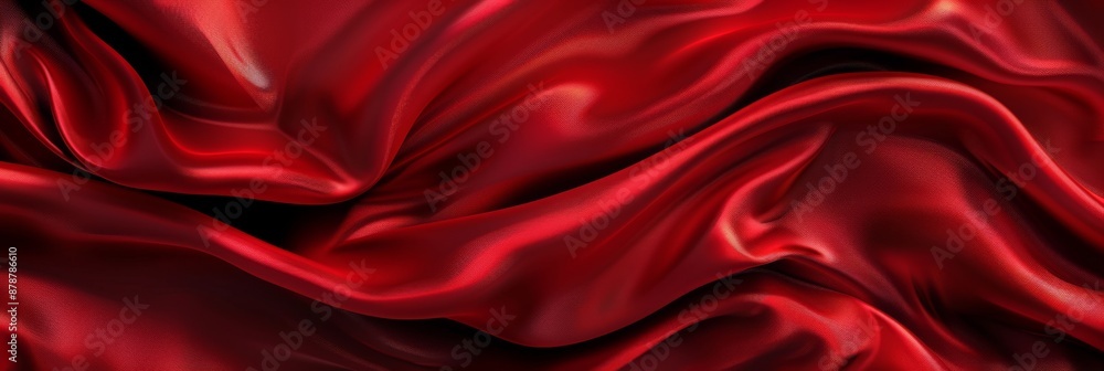 Wall mural Red drapery silk fabric background. Wavy satin cloth texture pattern. Smooth shiny drape material