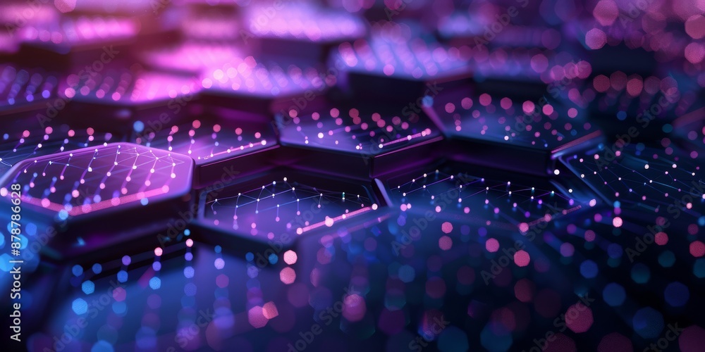 Poster abstract hexagonal digital pattern illuminated by neon blue and purple lights, representing modern t