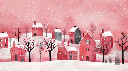 Fototapeta premium Watercolor illustration of a snowy winter village with pink houses