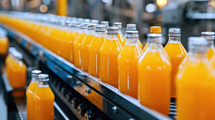 Orange Juice Bottles on Conveyor Belt in Factory
