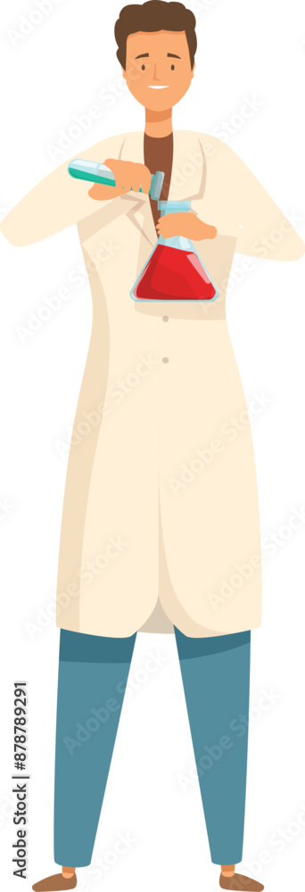 Poster chemist is holding a test tube and a flask containing red liquid, conducting an experiment