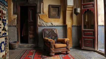 A beautiful armchair set up adorned with exquisite carpets.