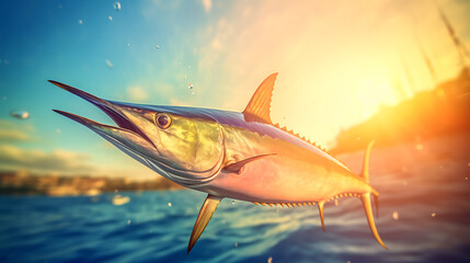 Majestic marlin swims through vibrant water, illuminated by a warm, golden sunset glow.