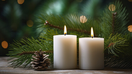 Candles and pine needles against a backdrop of a christmas tree. on a wooden table with greenery next to it
