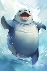 Playful seal swims in sparkling blue water, radiating joy and innocence, a charming aquatic scene.