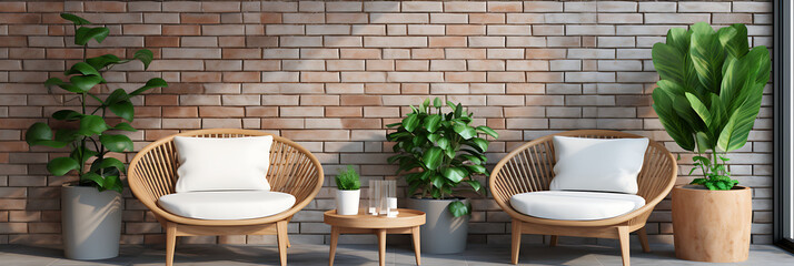 Cozy indoor space with wicker chairs, potted plants, and a textured brick wall backdrop.