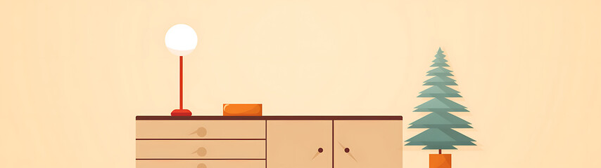 Minimalist interior scene with a red lamp, wooden furniture, and a small evergreen tree.