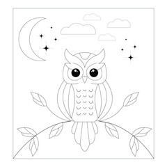 Vector Owl Sketch For Children's Coloring Book. Vector Owl In Line Art Cartoon.