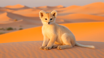 A young lion cub sits attentively amidst rolling, sun-drenched desert dunes.