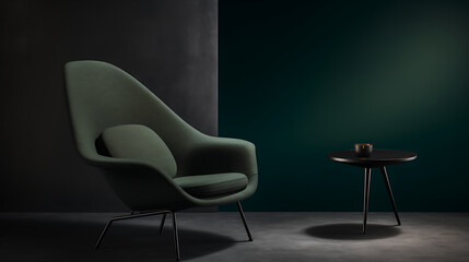 Modern armchair and small table sit in a dimly lit, moody, and minimalist interior space.