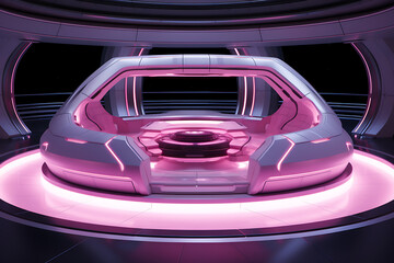 Futuristic vehicle rests within a glowing, circular chamber, bathed in pink and violet light.