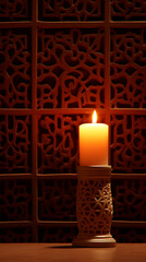 Warm candlelight illuminates intricate wooden latticework, creating a serene and contemplative atmosphere.