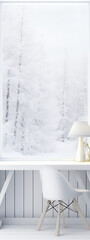 Snowy forest scene framed, minimalist interior with white furniture and soft lighting.
