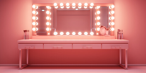 Pink vanity with lighted mirror. Elegant, glamorous.