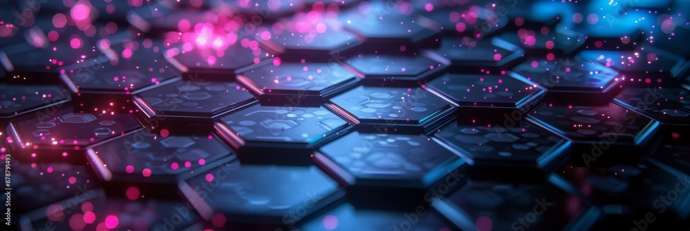 Poster a hightech setting featuring illuminated hexagons and abstract design elements in a futuristic digit