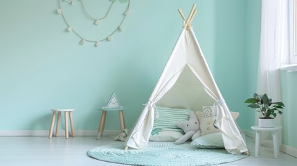 White teepee tent in a light green child's room with a plush toy