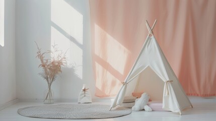 White teepee tent with plush toy in a bright room