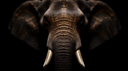 Powerful elephant head, intense gaze, dark background.
