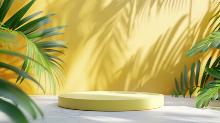 Fototapeta premium Yellow circular platform with palm leaf shadows